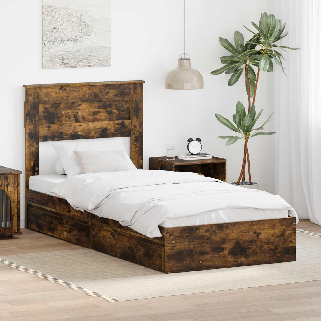 vidaXL Cama con almacenamiento con cajón Roble ahumado 100 x 200 cm