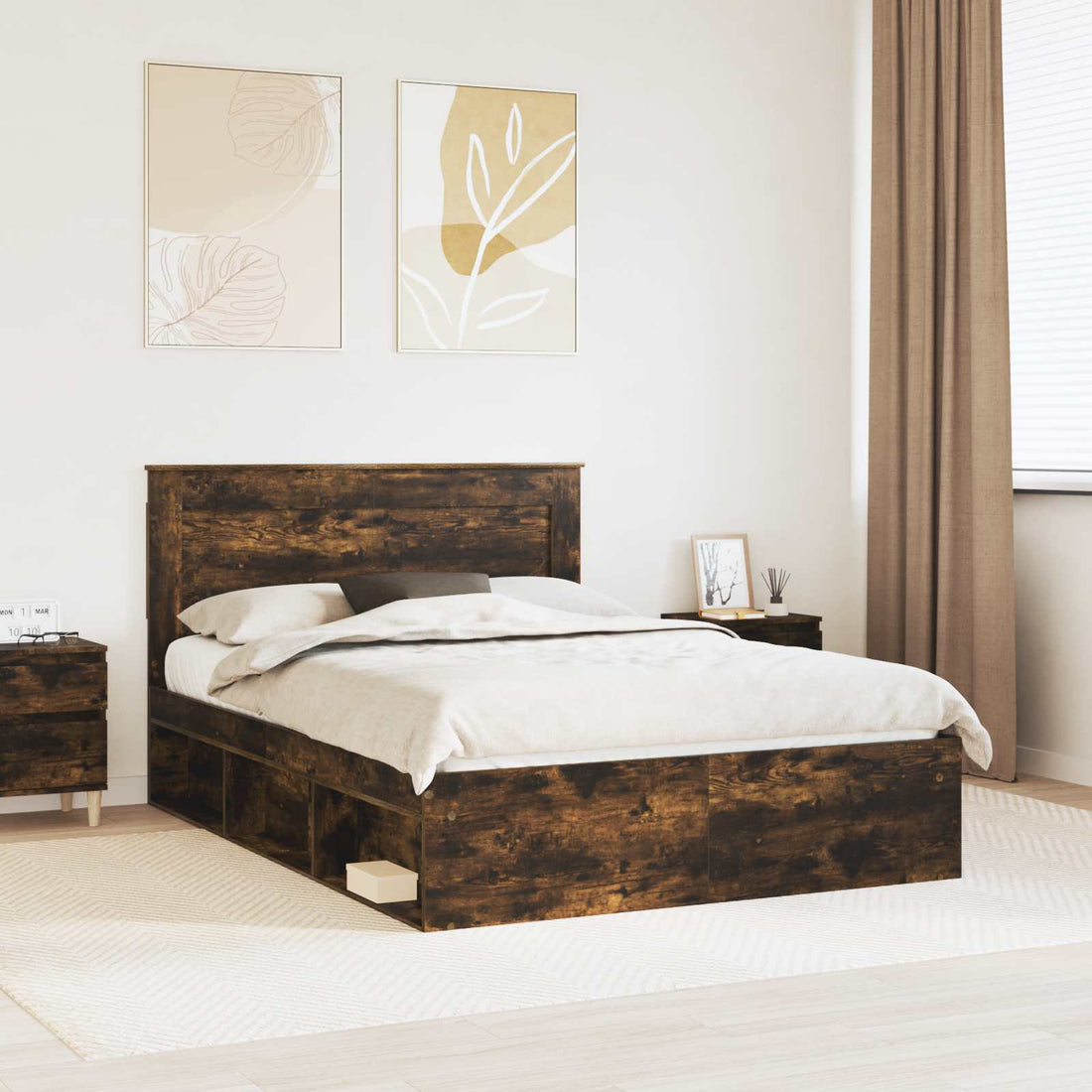 vidaXL Estructura de cama con cajón Liso Roble ahumado 150 x 200 cm
