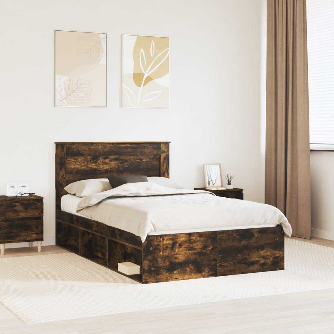 vidaXL Estructura de cama con cajón Liso Roble ahumado 135 x 190 cm