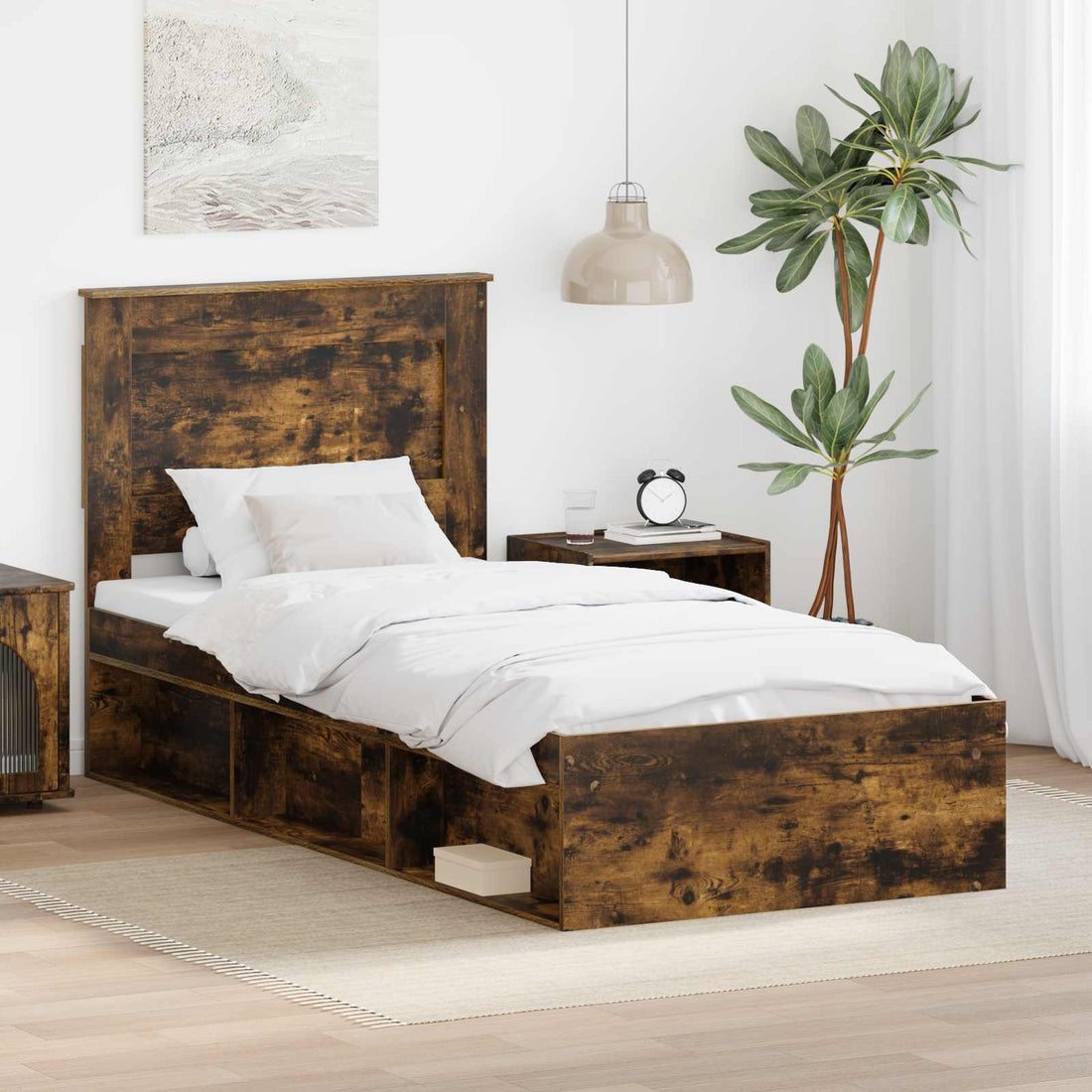 vidaXL Estructura de cama con cajón Liso Roble ahumado 75 x 190 cm