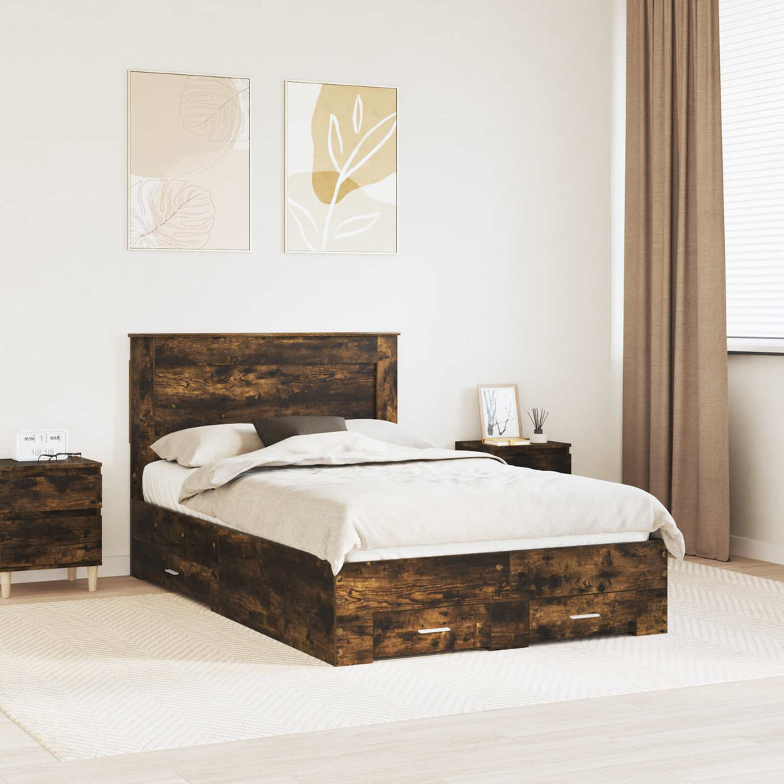 vidaXL Estructura de cama con cajón Roble ahumado 135 x 190 cm