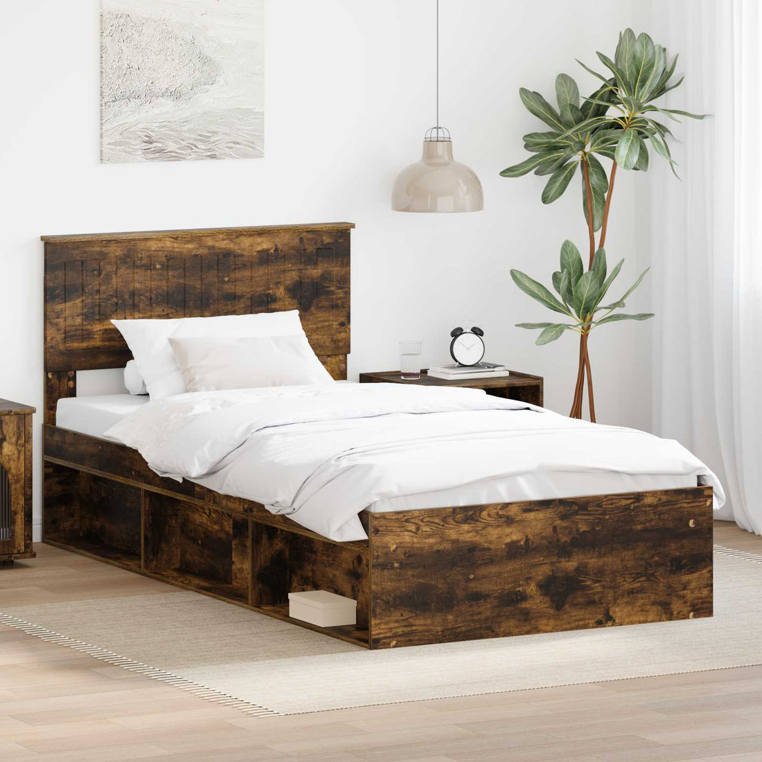 vidaXL Estructura de cama con cabecera Roble ahumado 100 x 200 cm