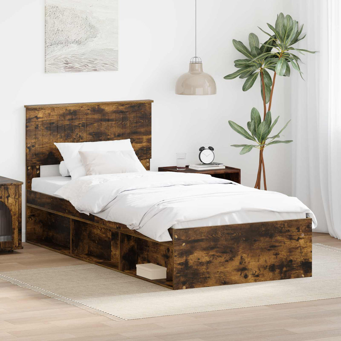 vidaXL Estructura de cama con cabecera Roble ahumado 90 x 190 cm