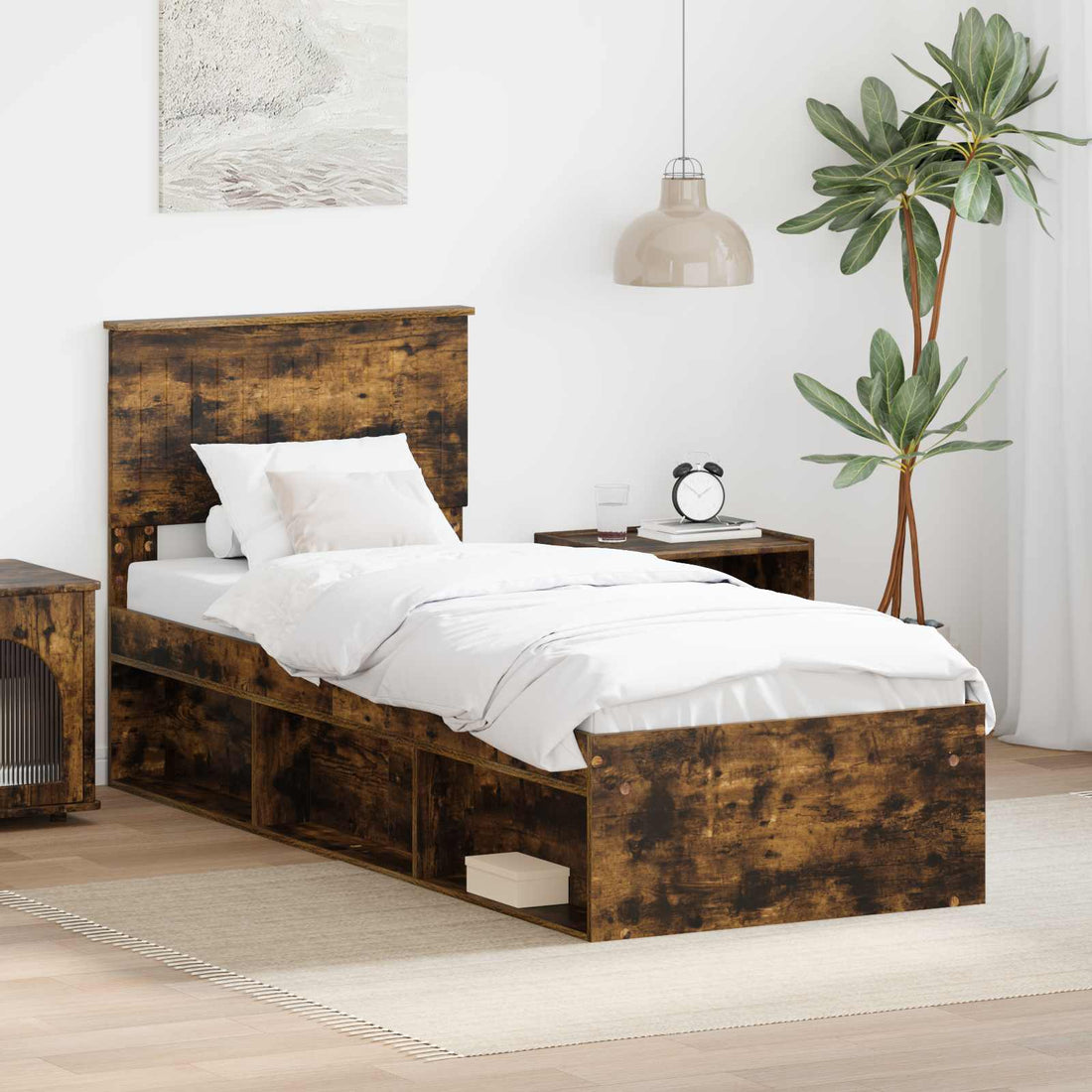 vidaXL Estructura de cama con cabecera Roble ahumado 75 x 190 cm