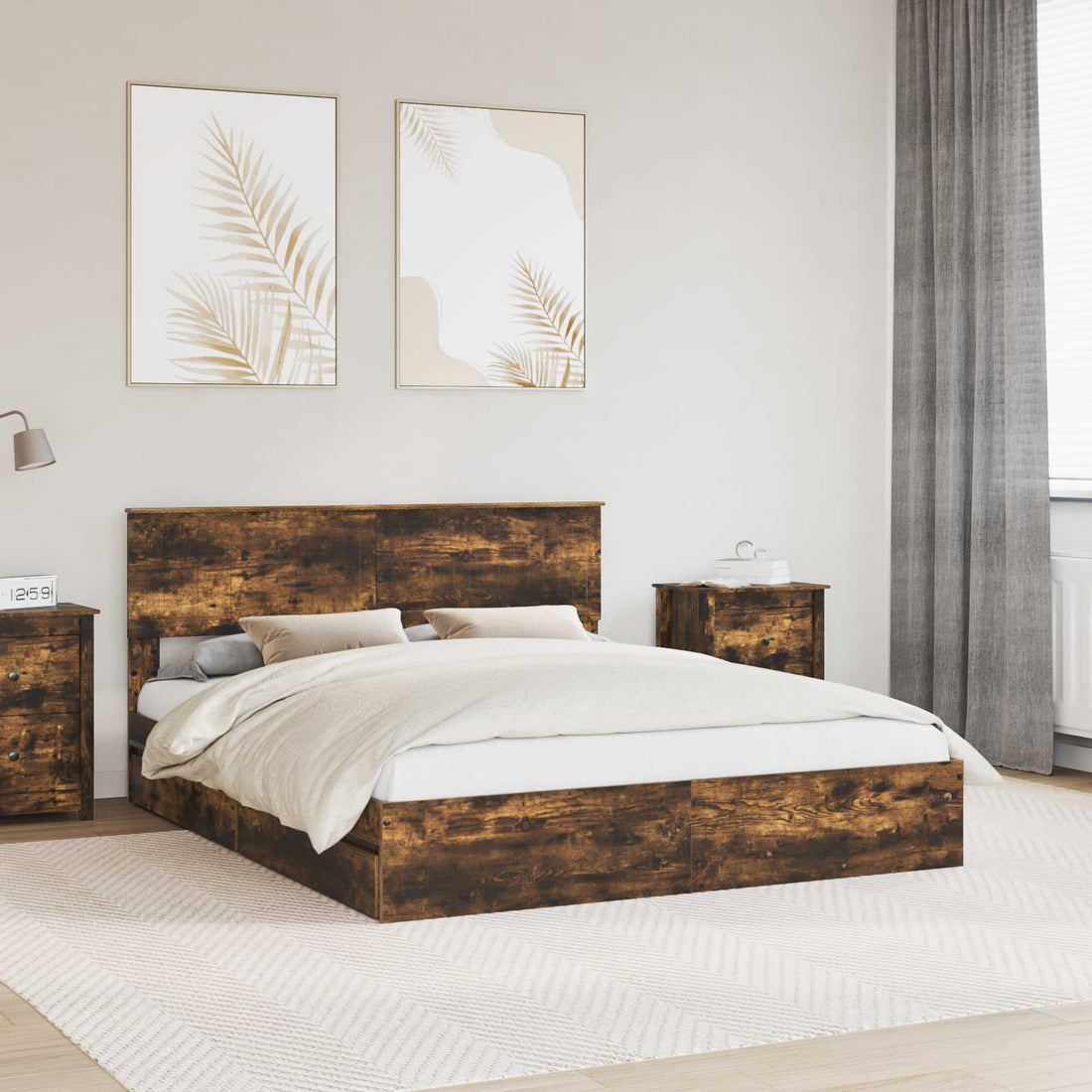 vidaXL Cama con almacenamiento con cajón Roble ahumado 160 x 200 cm