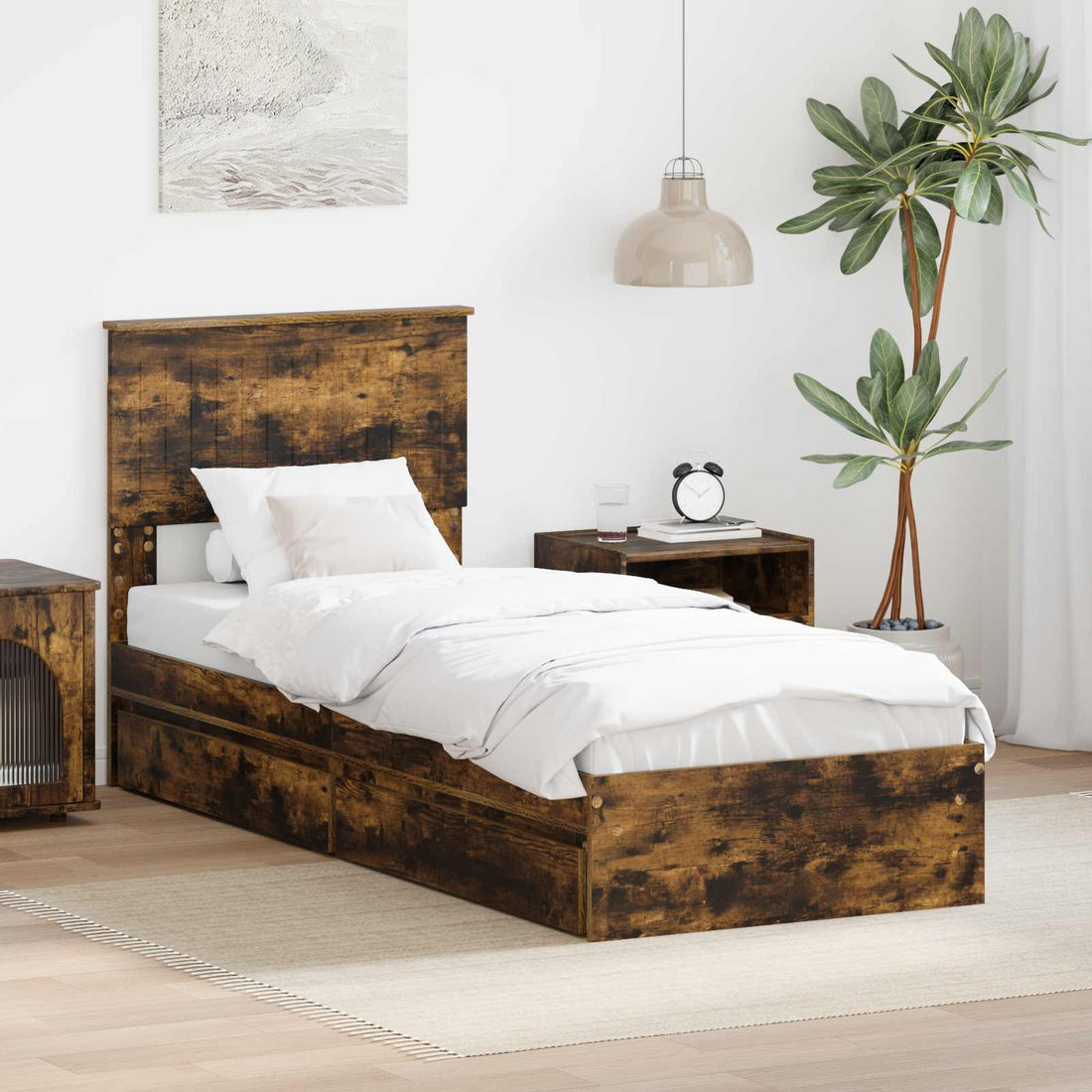 vidaXL Cama con almacenamiento con cajón Roble ahumado 75 x 190 cm