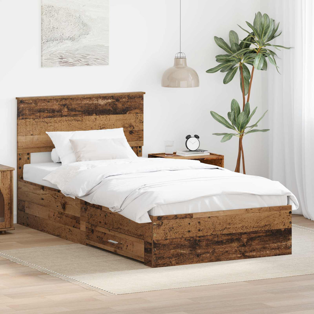 vidaXL Estructura de cama con cajón Madera envejecida 100 x 200 cm