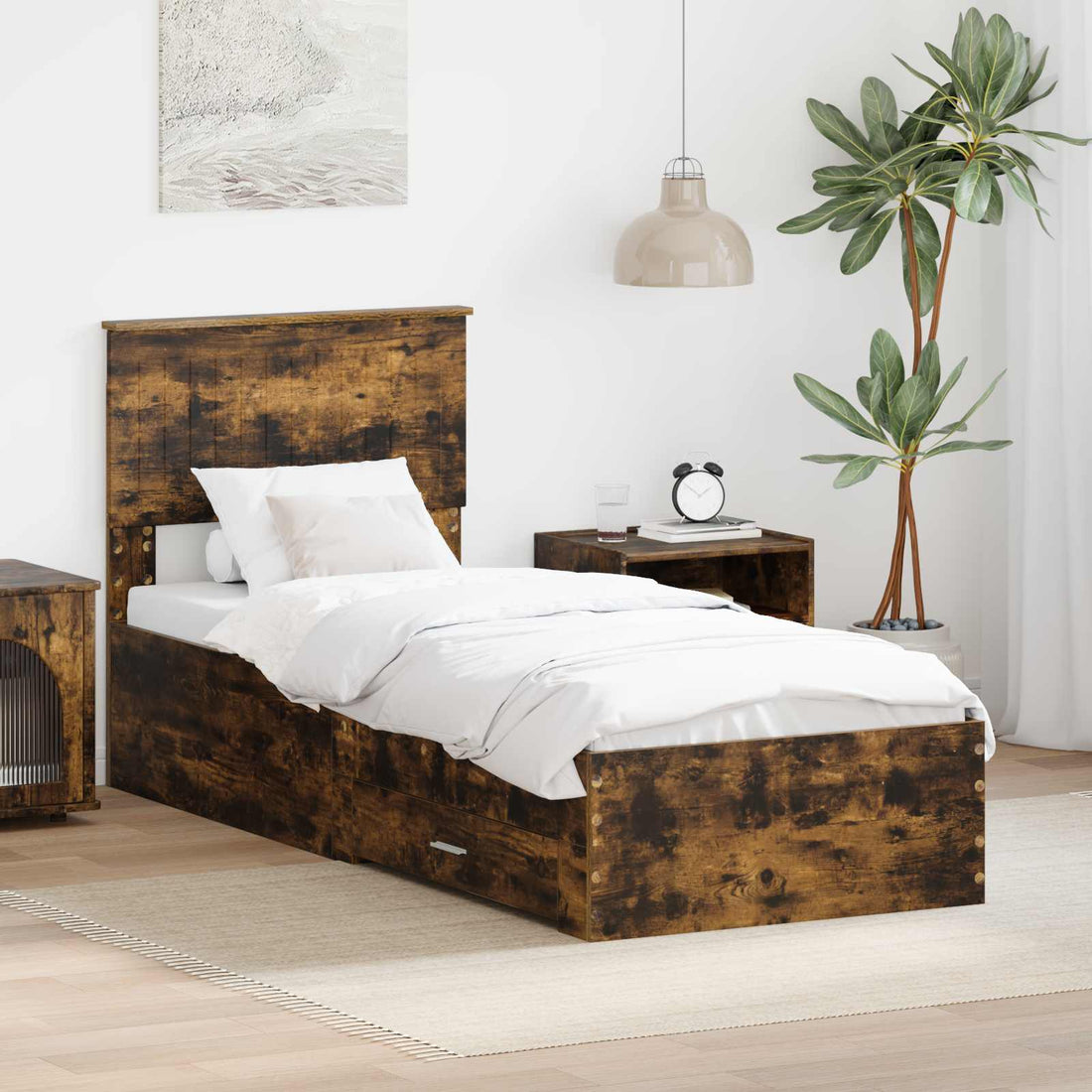 vidaXL Estructura de cama con cajón Roble Ahumado y Plata 75 x 190 cm