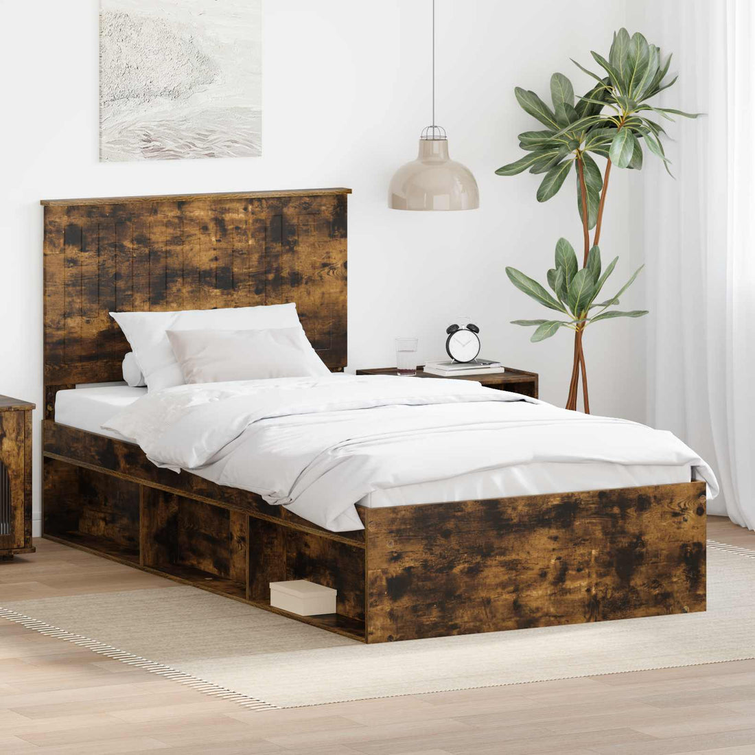 vidaXL Estructura de cama con cabecera Roble ahumado 100 x 200 cm