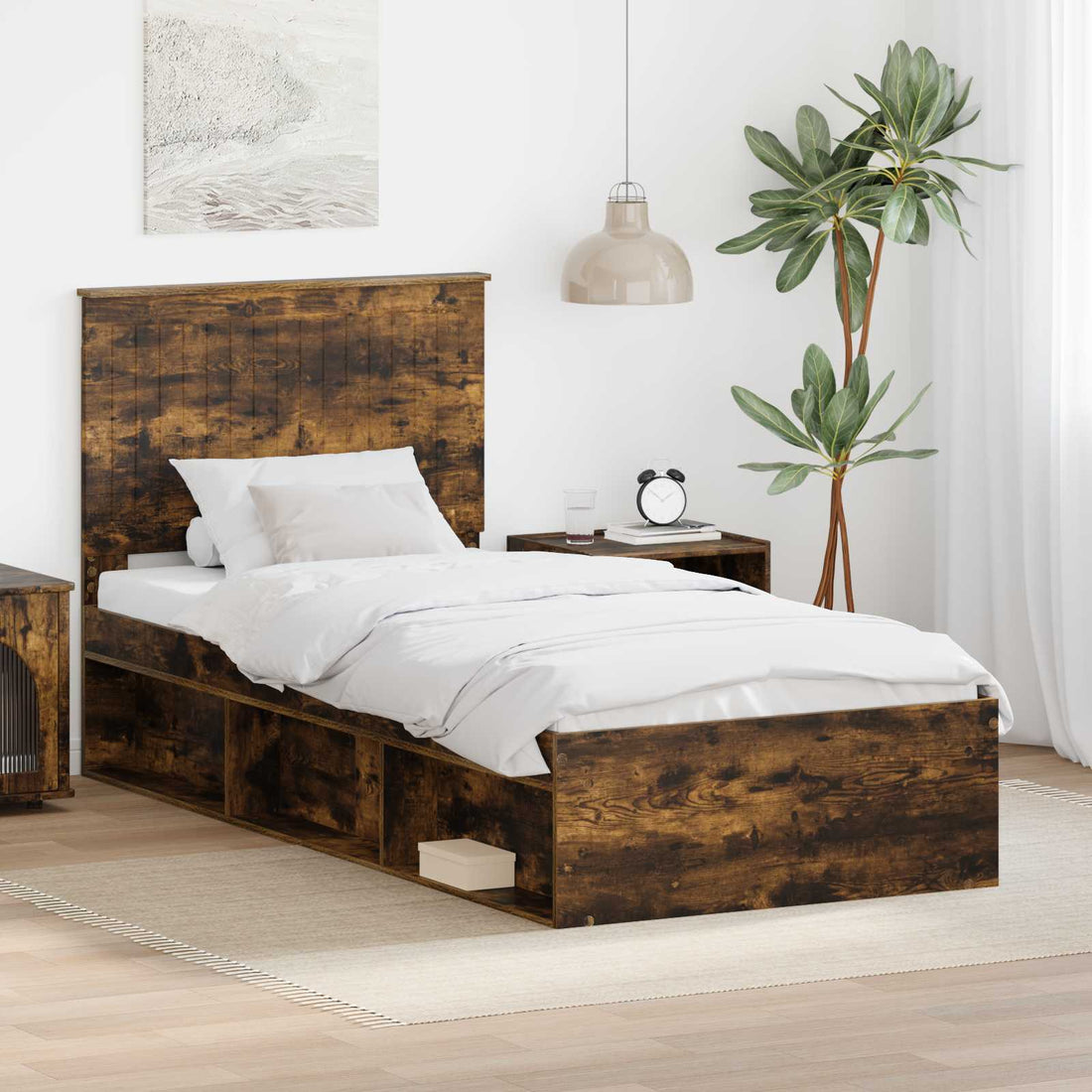 vidaXL Estructura de cama con cabecera Roble ahumado 90 x 190 cm