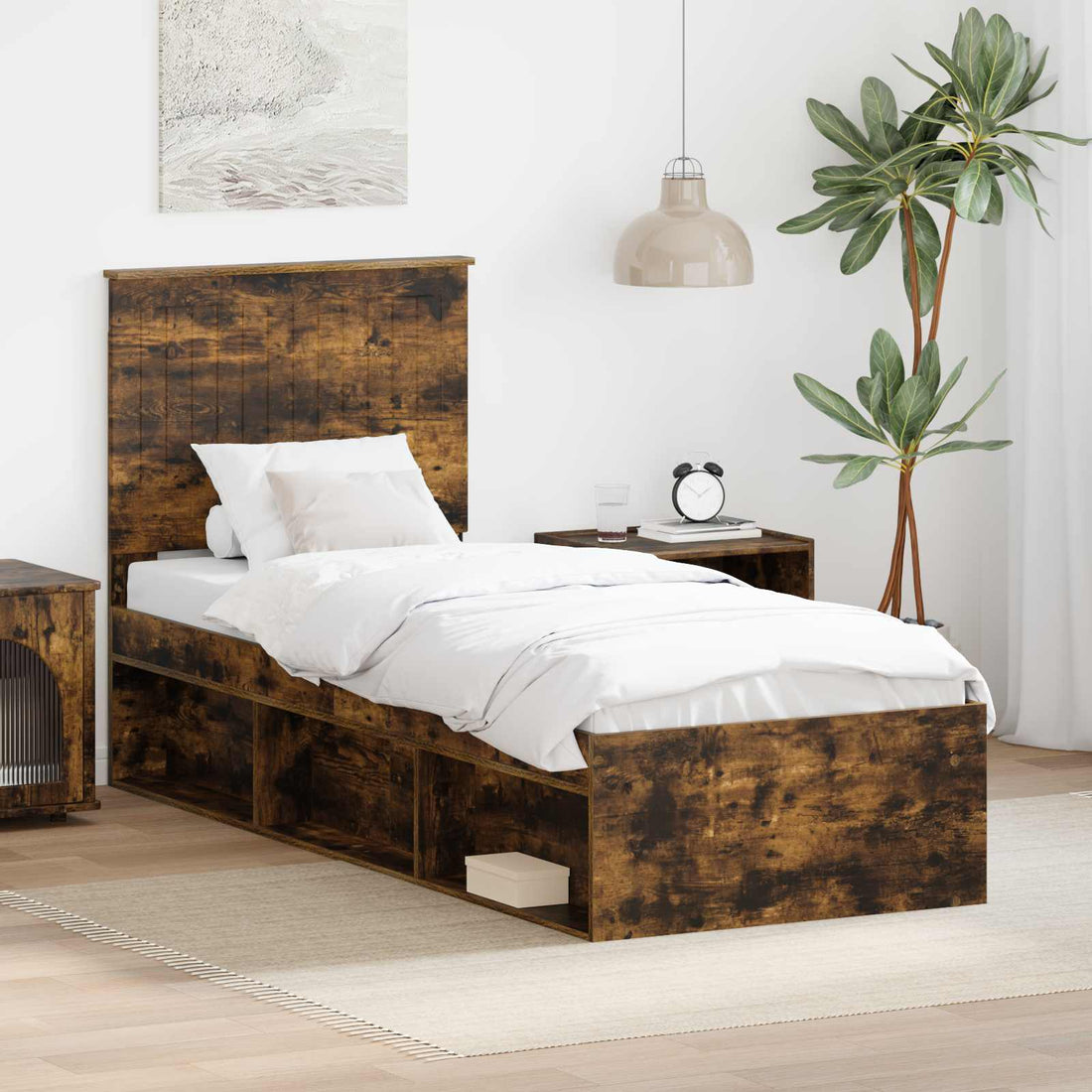 vidaXL Estructura de cama con cabecera Roble ahumado 75 x 190 cm