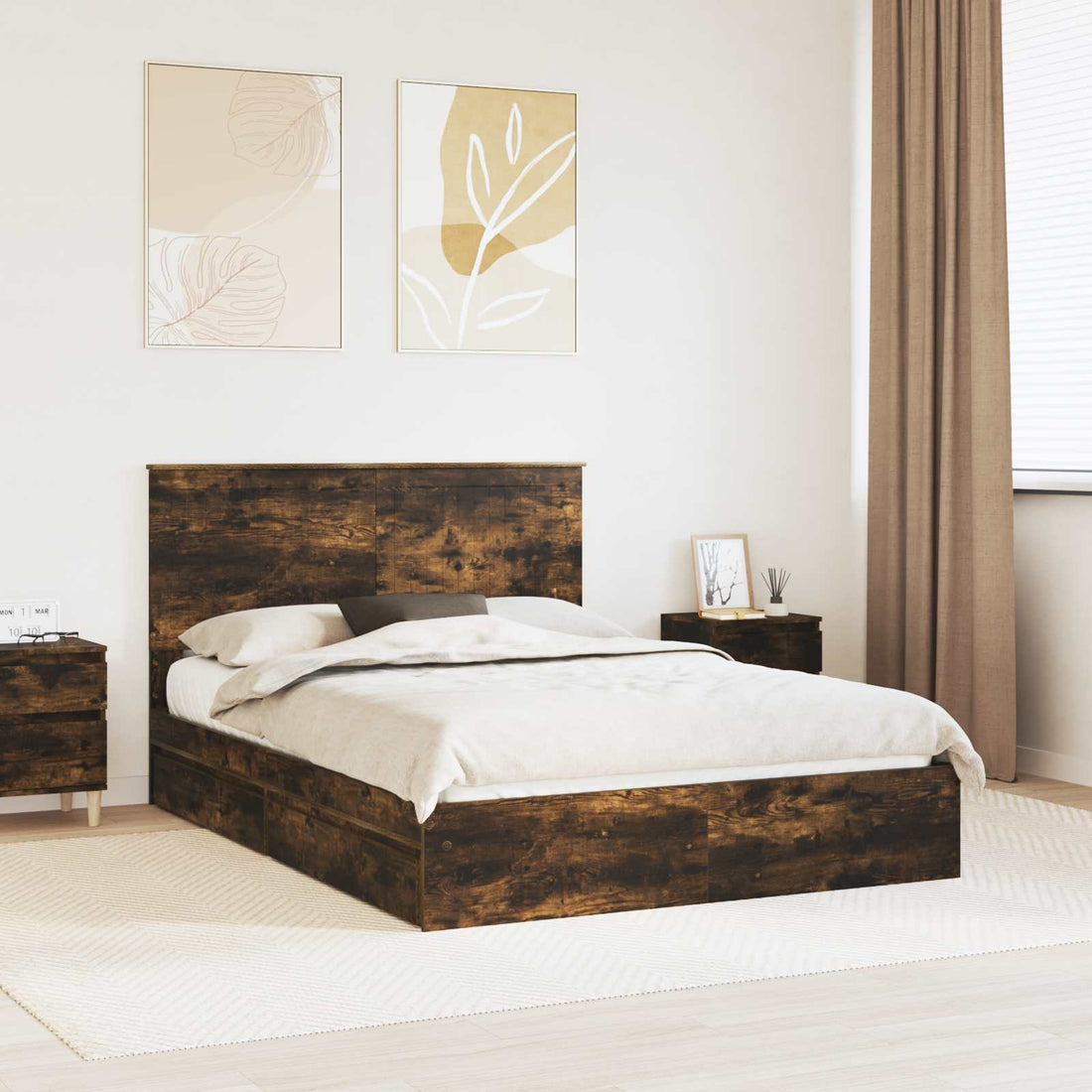 vidaXL Cama con almacenamiento con cajón Roble ahumado 135 x 190 cm