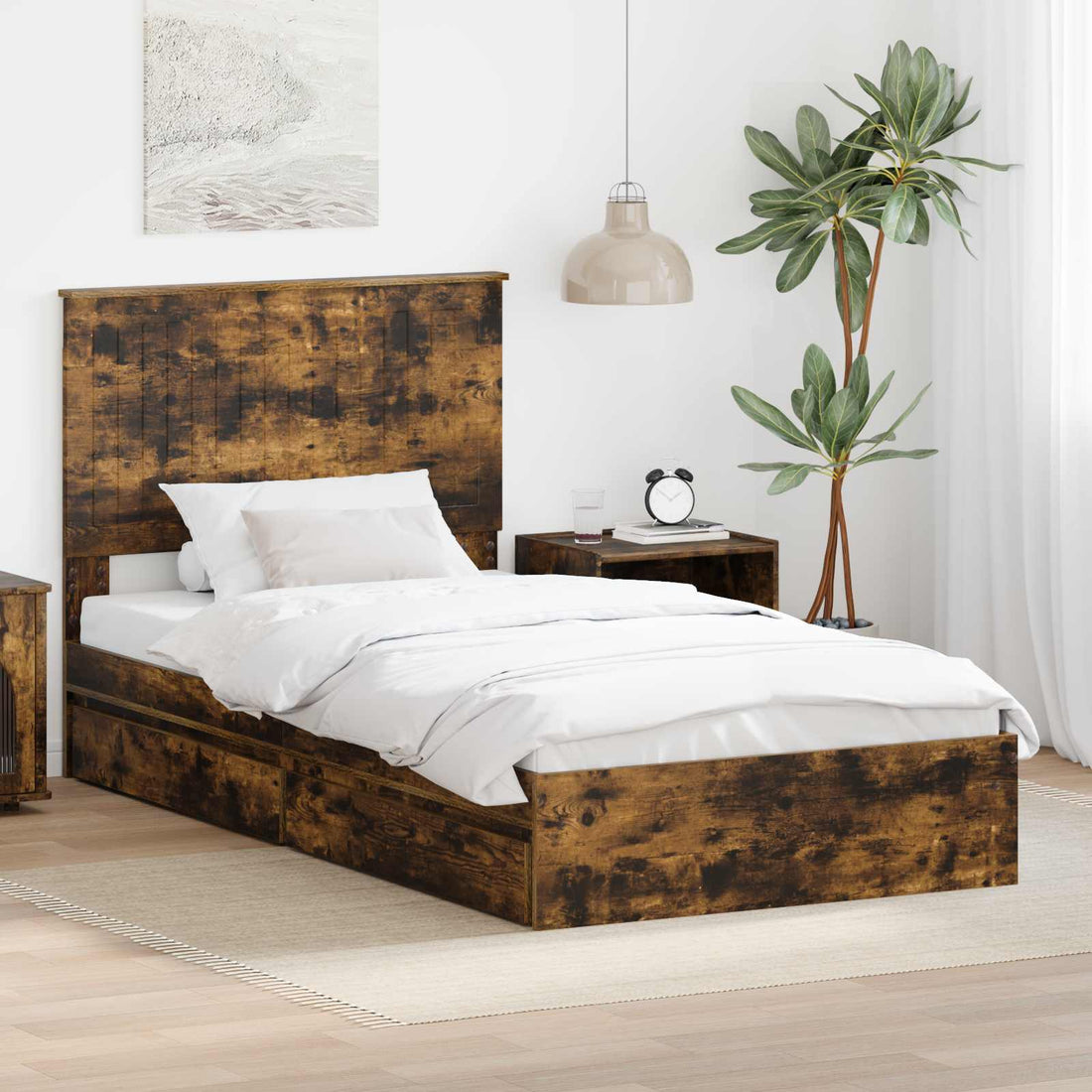 vidaXL Cama con almacenamiento con cajón Roble ahumado 100 x 200 cm