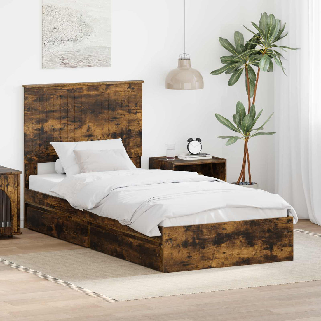 vidaXL Cama con almacenamiento con cajón Roble ahumado 90 x 190 cm
