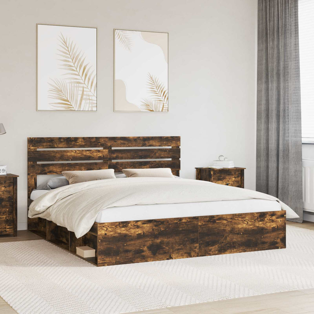 vidaXL Estructura de cama con cabecera Roble ahumado 180 x 200 cm