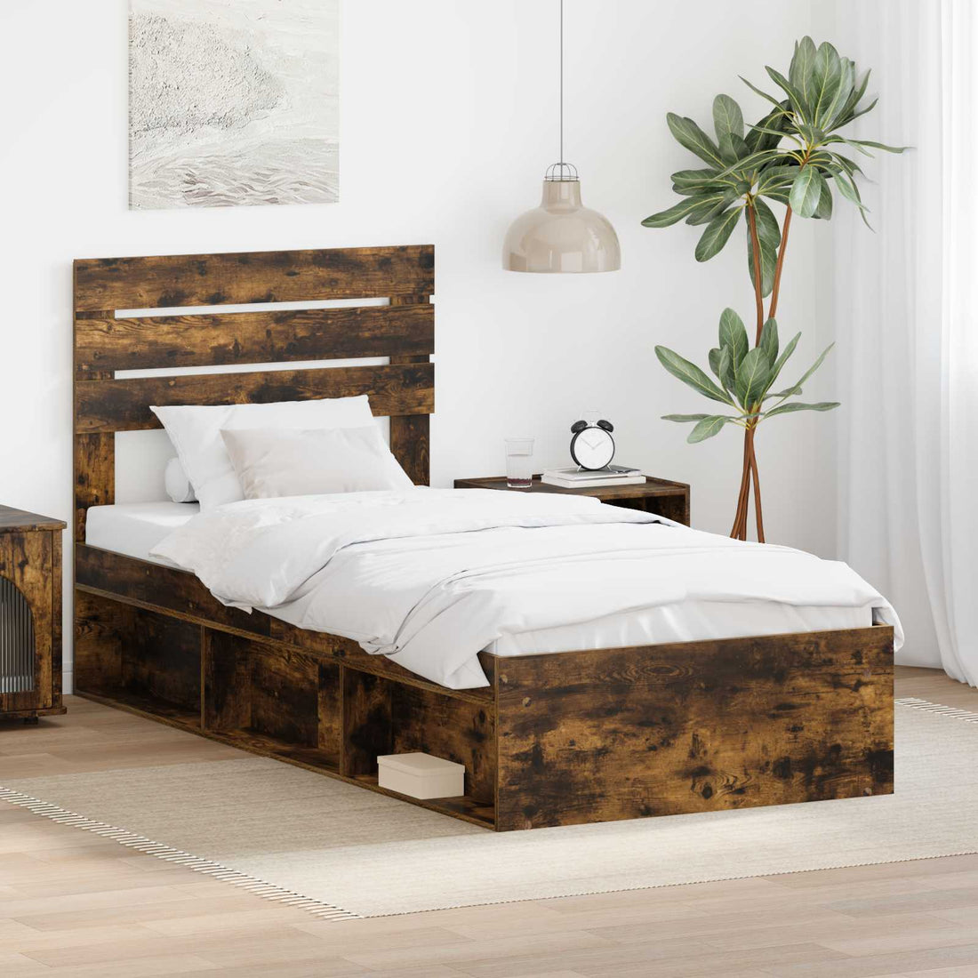 vidaXL Estructura de cama con cabecera Roble ahumado 100 x 200 cm