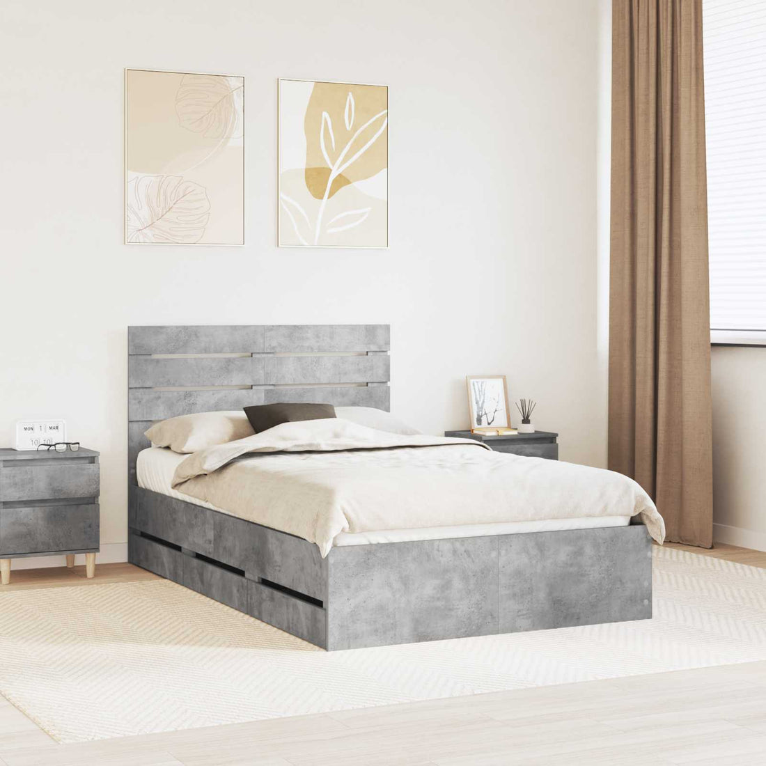 vidaXL Estructura de cama Gris Concreto 135 x 190 cm Madera Ingenieril