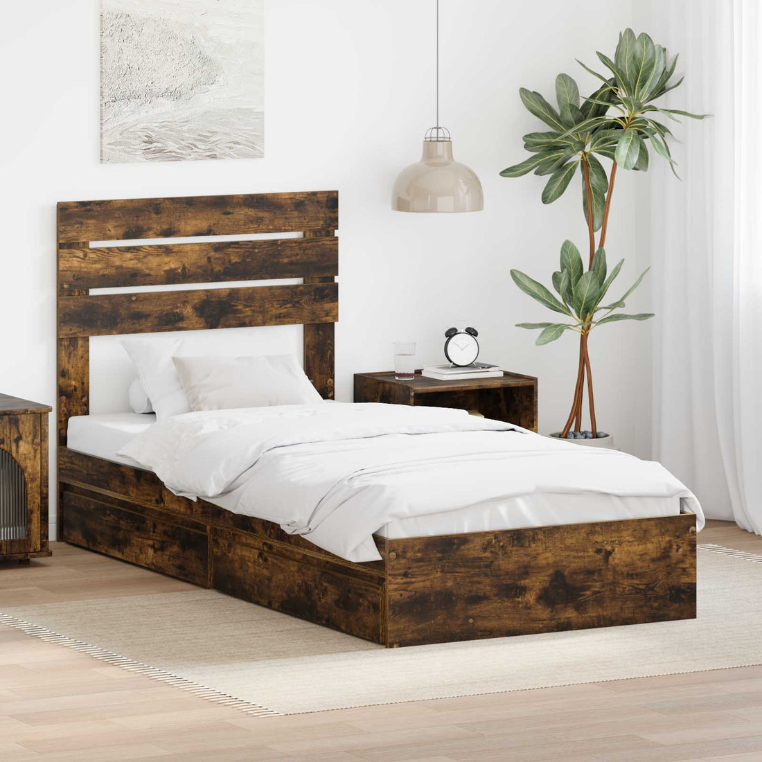 vidaXL Cama con almacenamiento con cajón Roble ahumado 100 x 200 cm