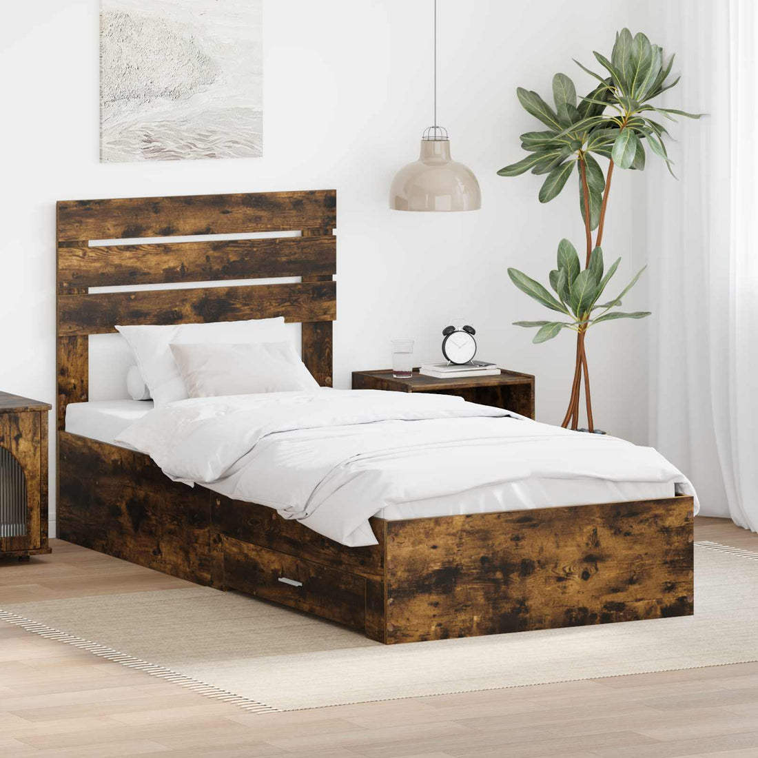 vidaXL Estructura de cama con cajón Roble ahumado 100 x 200 cm