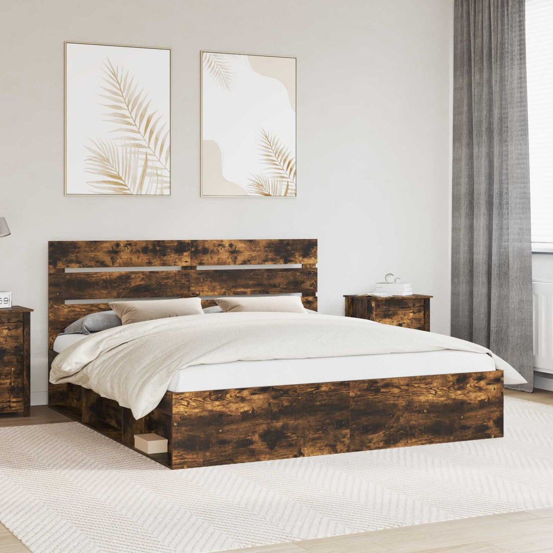 vidaXL Estructura de cama con cabecera Roble ahumado 180 x 200 cm