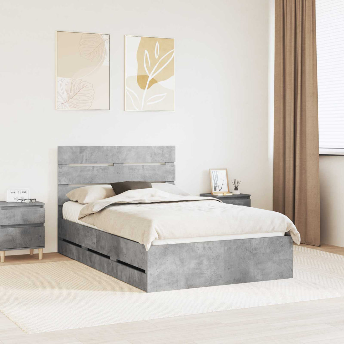 vidaXL Estructura de cama Gris Concreto 135 x 190 cm Madera Ingenieril