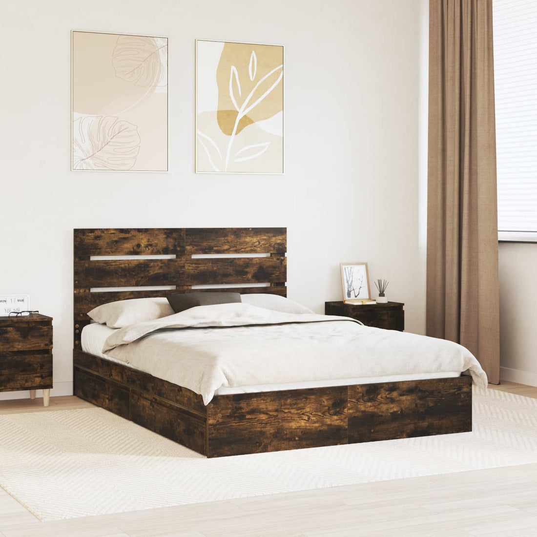 vidaXL Cama con almacenamiento con cajón Roble ahumado 160 x 200 cm