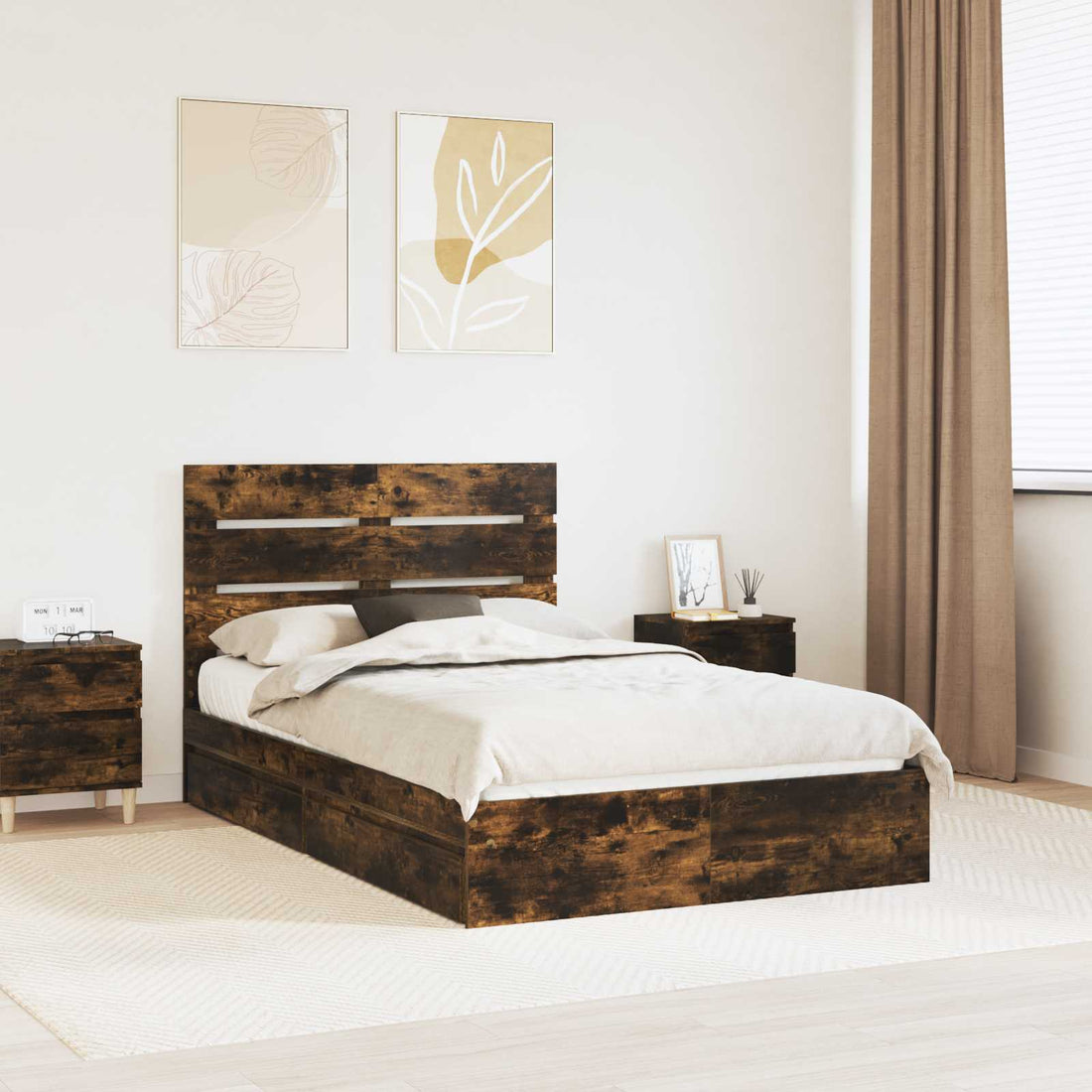 vidaXL Cama con almacenamiento con cajón Roble ahumado 135 x 190 cm