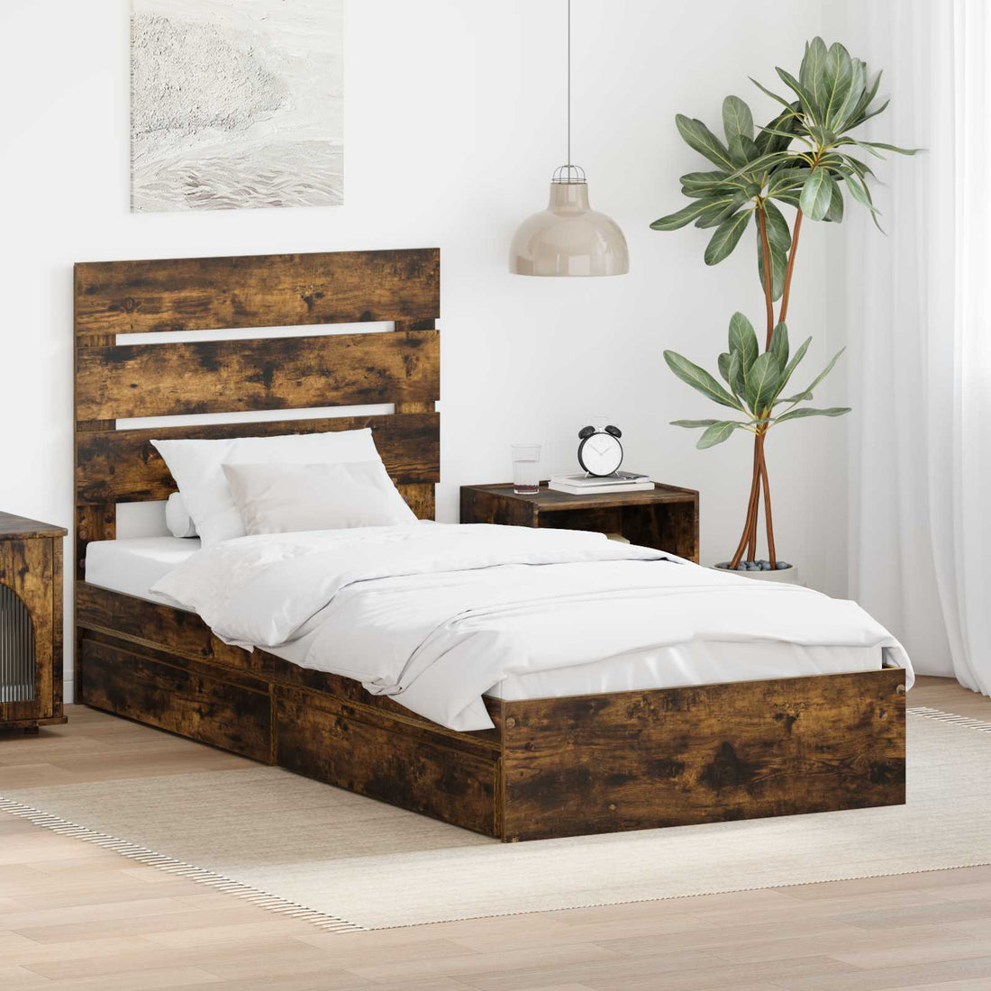 vidaXL Cama con almacenamiento con cajón Roble ahumado 90 x 200 cm