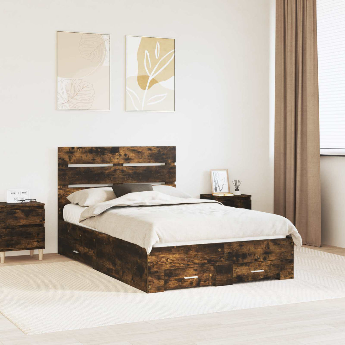vidaXL Estructura de cama con cajón Roble ahumado 135 x 190 cm