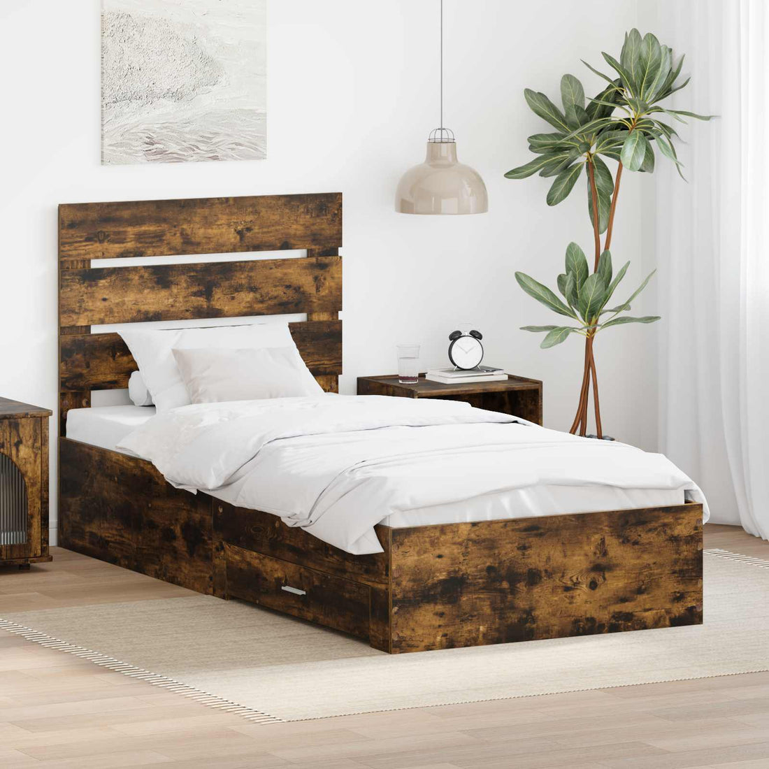 vidaXL Estructura de cama con cajón Roble ahumado 100 x 200 cm