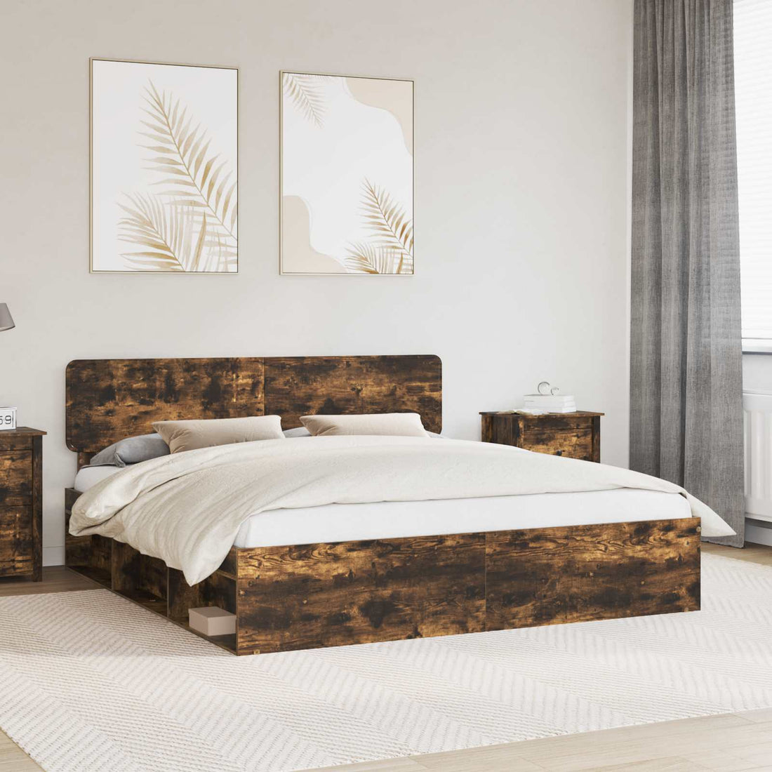 vidaXL Estructura de cama con cabecera Roble ahumado 200 x 200 cm