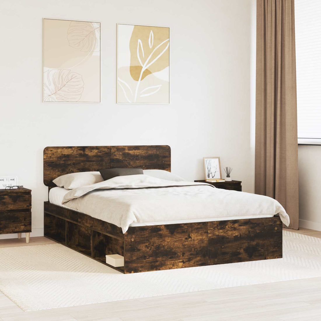 vidaXL Estructura de cama con cabecera Roble ahumado 140 x 190 cm