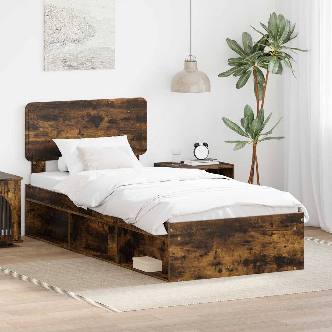 vidaXL Estructura de cama con cabecera Roble ahumado 90 x 200 cm