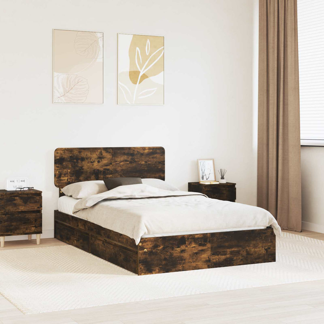 vidaXL Cama con almacenamiento con cajón Roble ahumado 135 x 190 cm