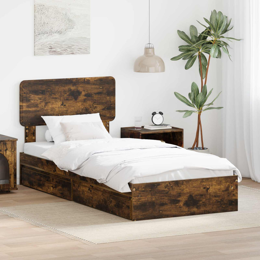 vidaXL Cama con almacenamiento con cajón Roble ahumado 100 x 200 cm