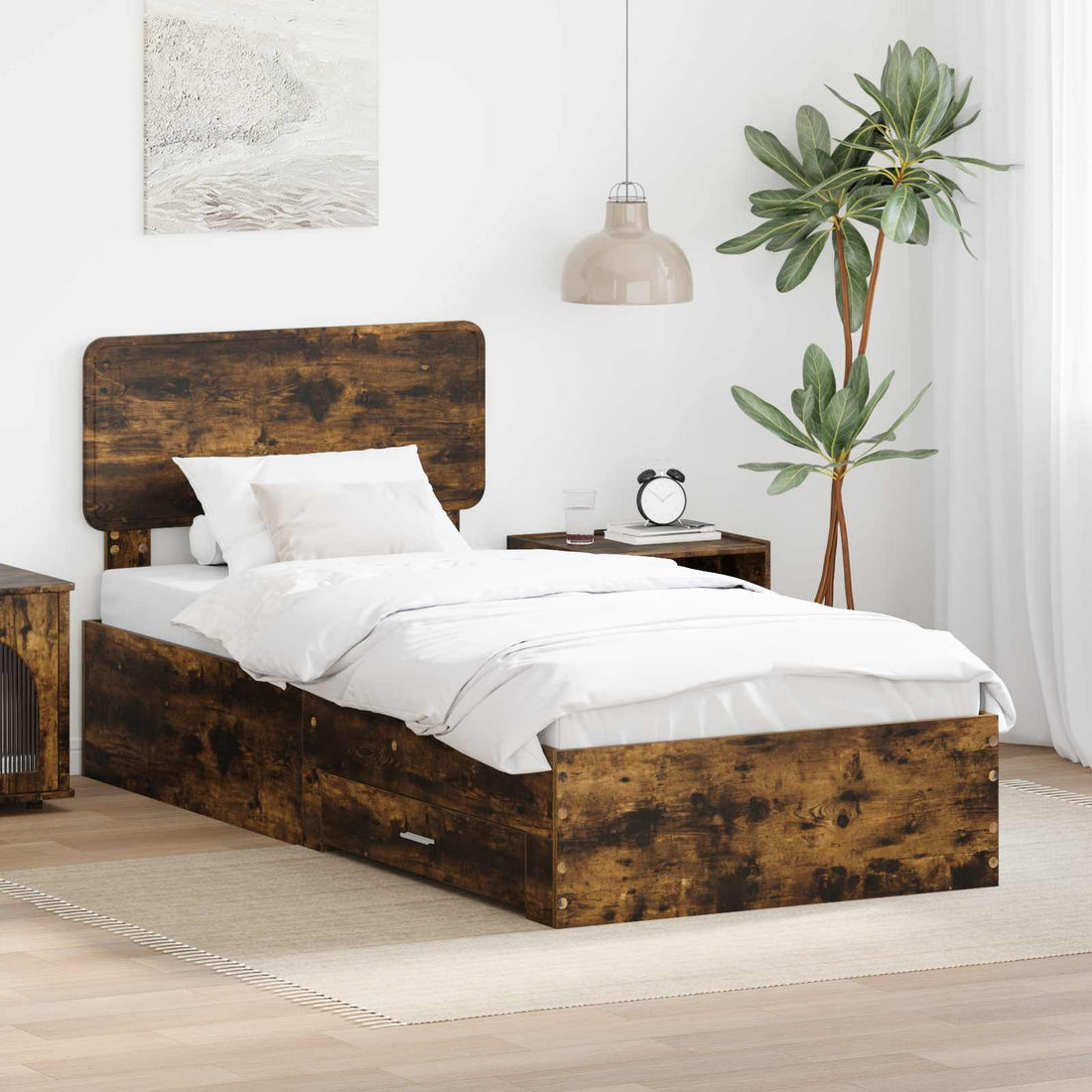 vidaXL Estructura de cama con cajón Roble ahumado 100 x 200 cm