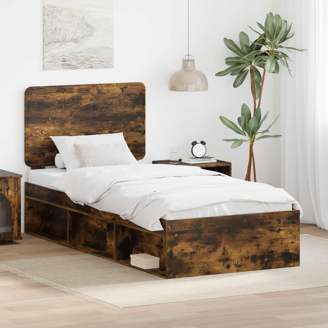 vidaXL Estructura de cama con cabecera Roble ahumado 90 x 200 cm