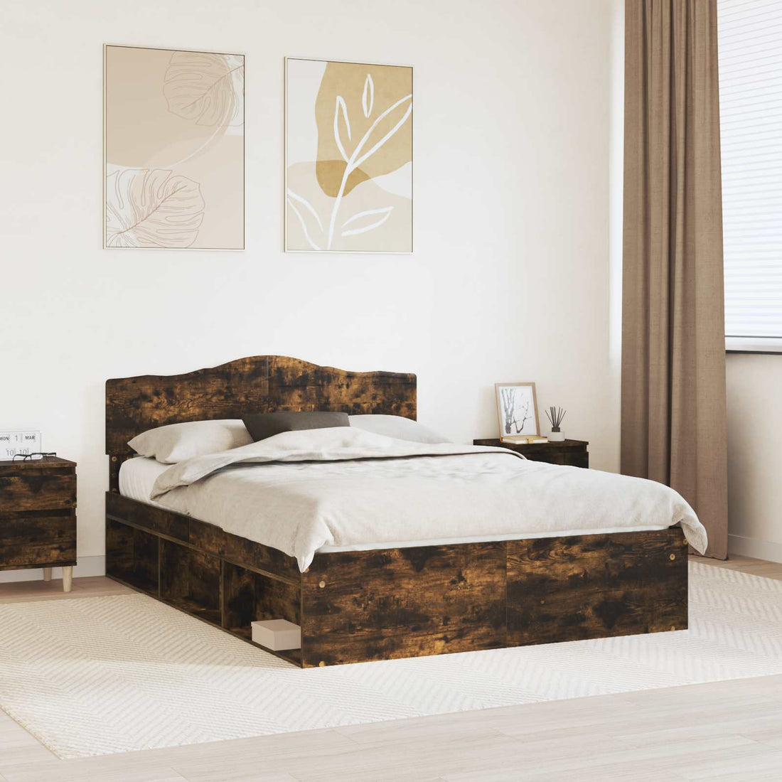 vidaXL Estructura de cama con cabecera Roble ahumado 140 x 200 cm