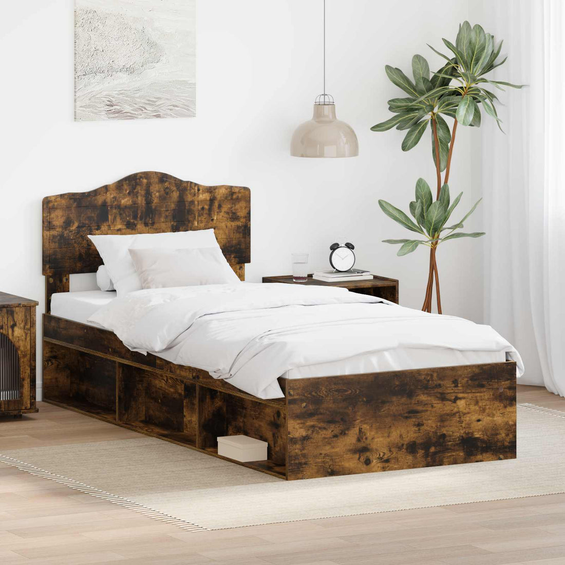 vidaXL Estructura de cama con cabecera Roble ahumado 90 x 190 cm