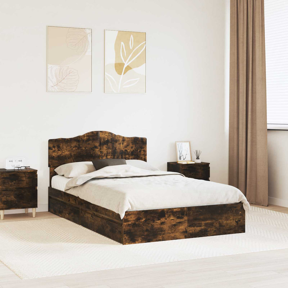vidaXL Cama con almacenamiento con cajón Roble ahumado 135 x 190 cm