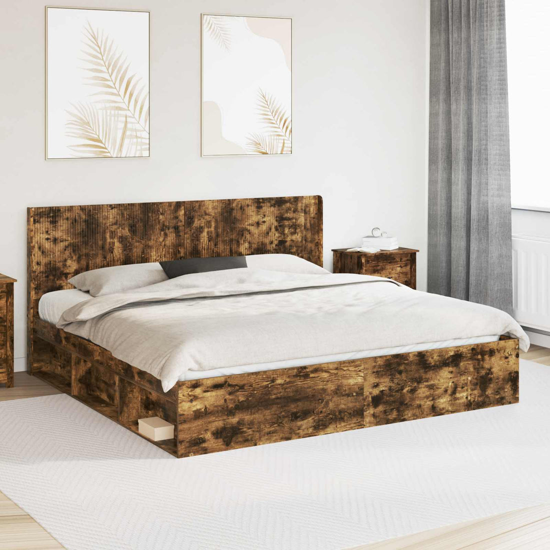 vidaXL Estructura de cama con almacenamiento y cabecero Roble Ahumado