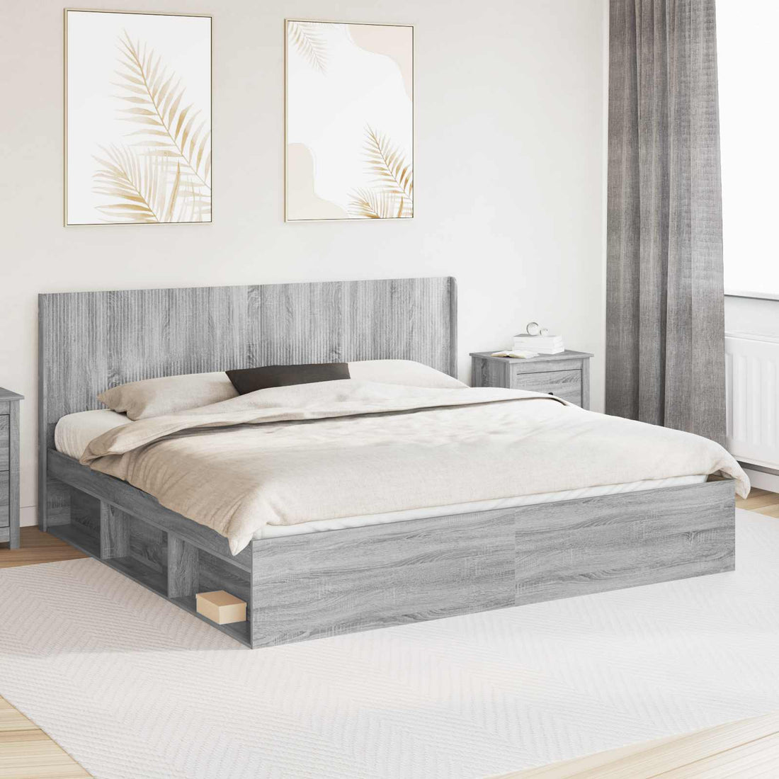 vidaXL Estructura de cama con almacenamiento y cabecero Sonoma gris