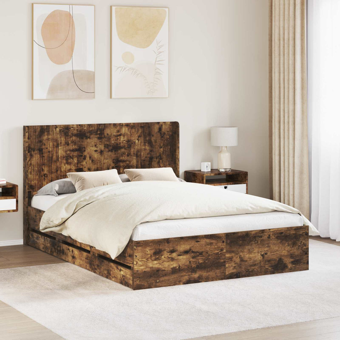 vidaXL Estructura de cama con almacenamiento y cabecero Roble Ahumado