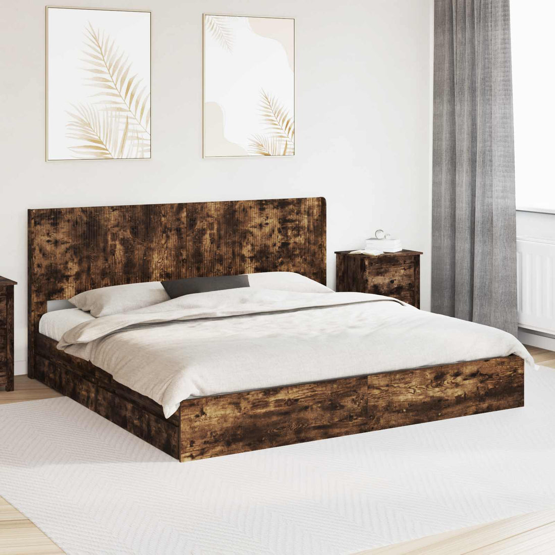 vidaXL Estructura de cama con almacenamiento y cabecero Roble Ahumado