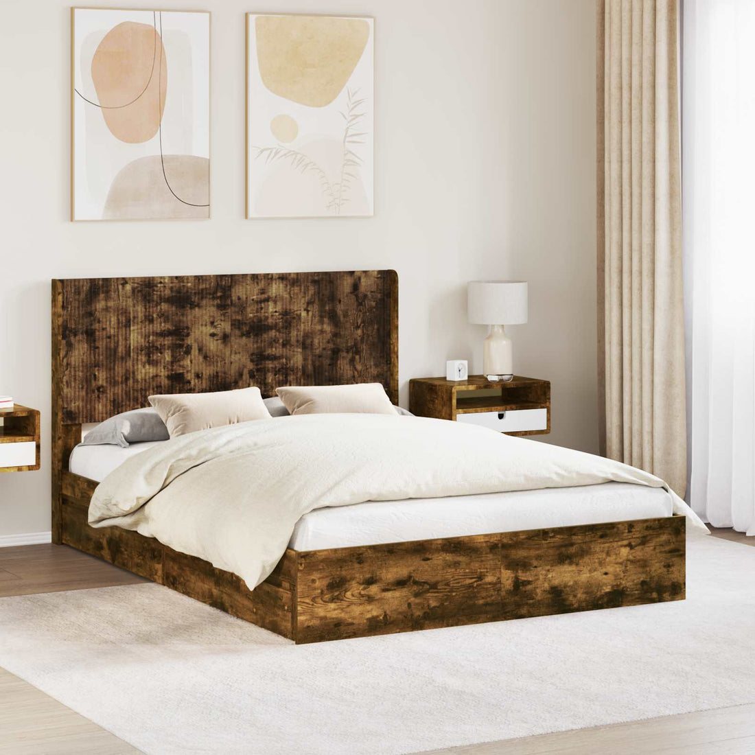 vidaXL Estructura de cama con almacenamiento y cabecero Roble Ahumado