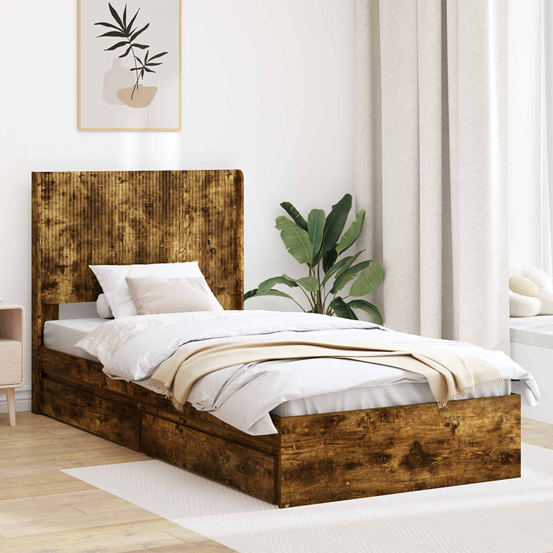 vidaXL Estructura de cama con almacenamiento y cabecero Roble Ahumado