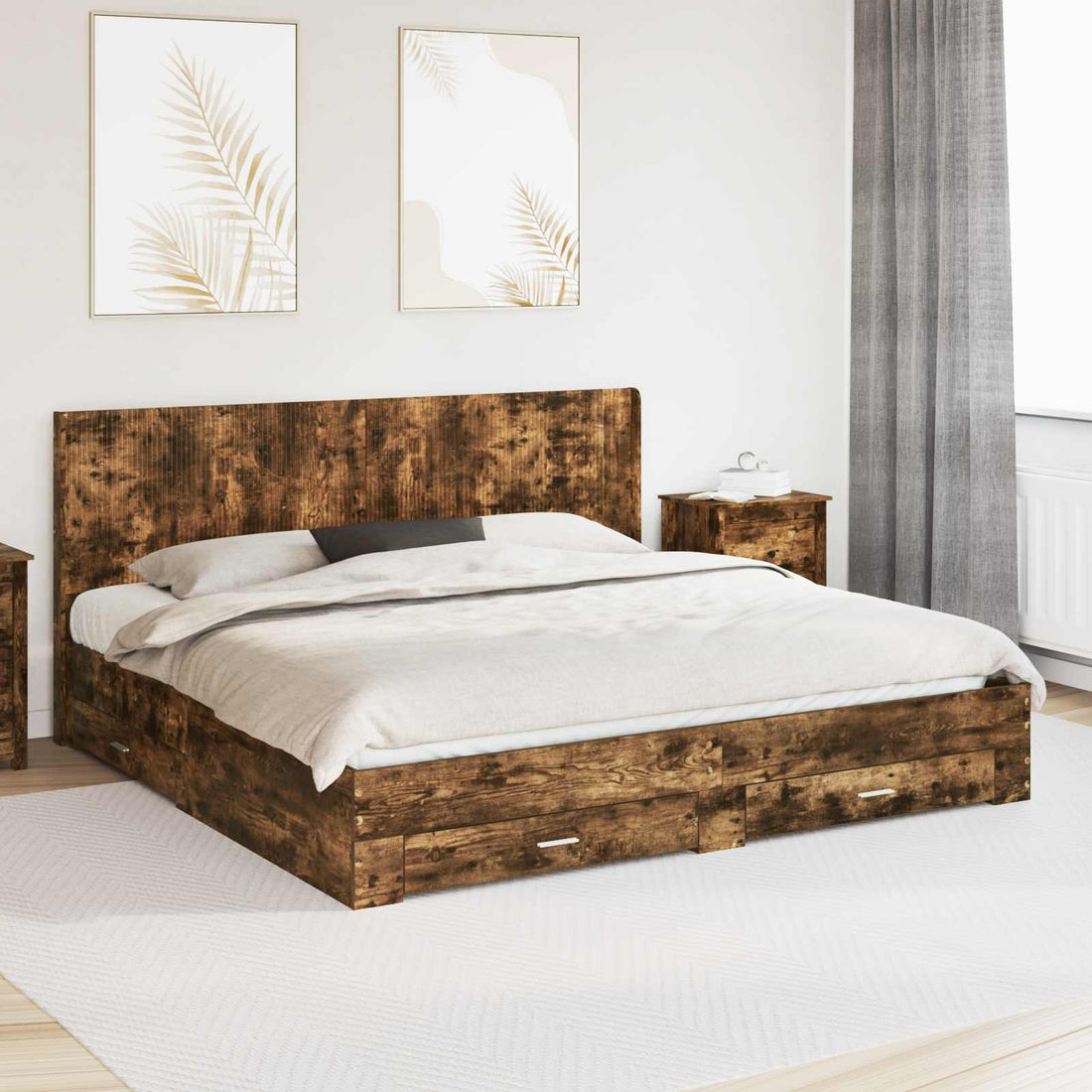 vidaXL Estructura de cama con almacenamiento y cabecero Roble Ahumado