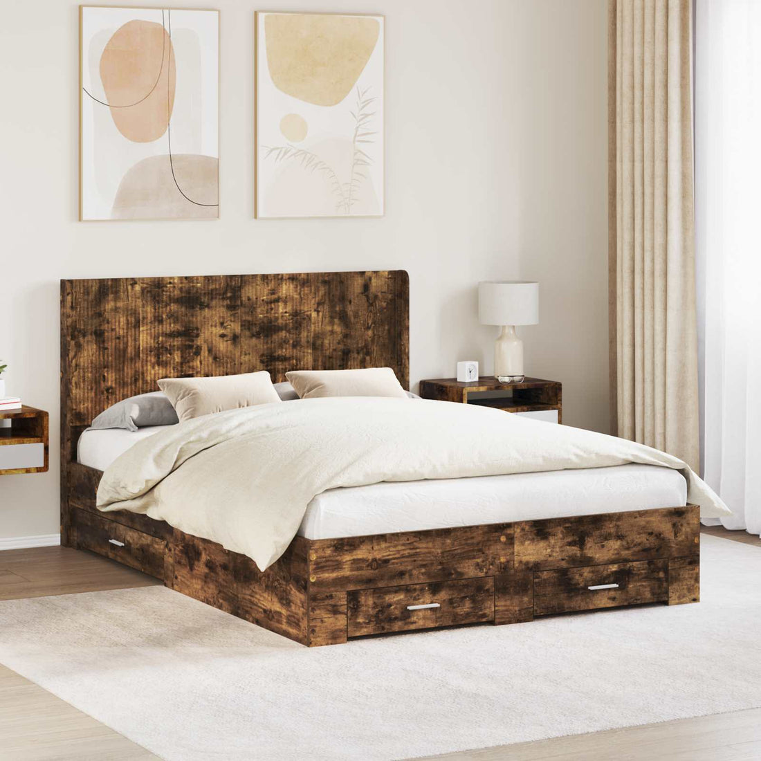 vidaXL Estructura de cama con almacenamiento y cabecero Roble Ahumado