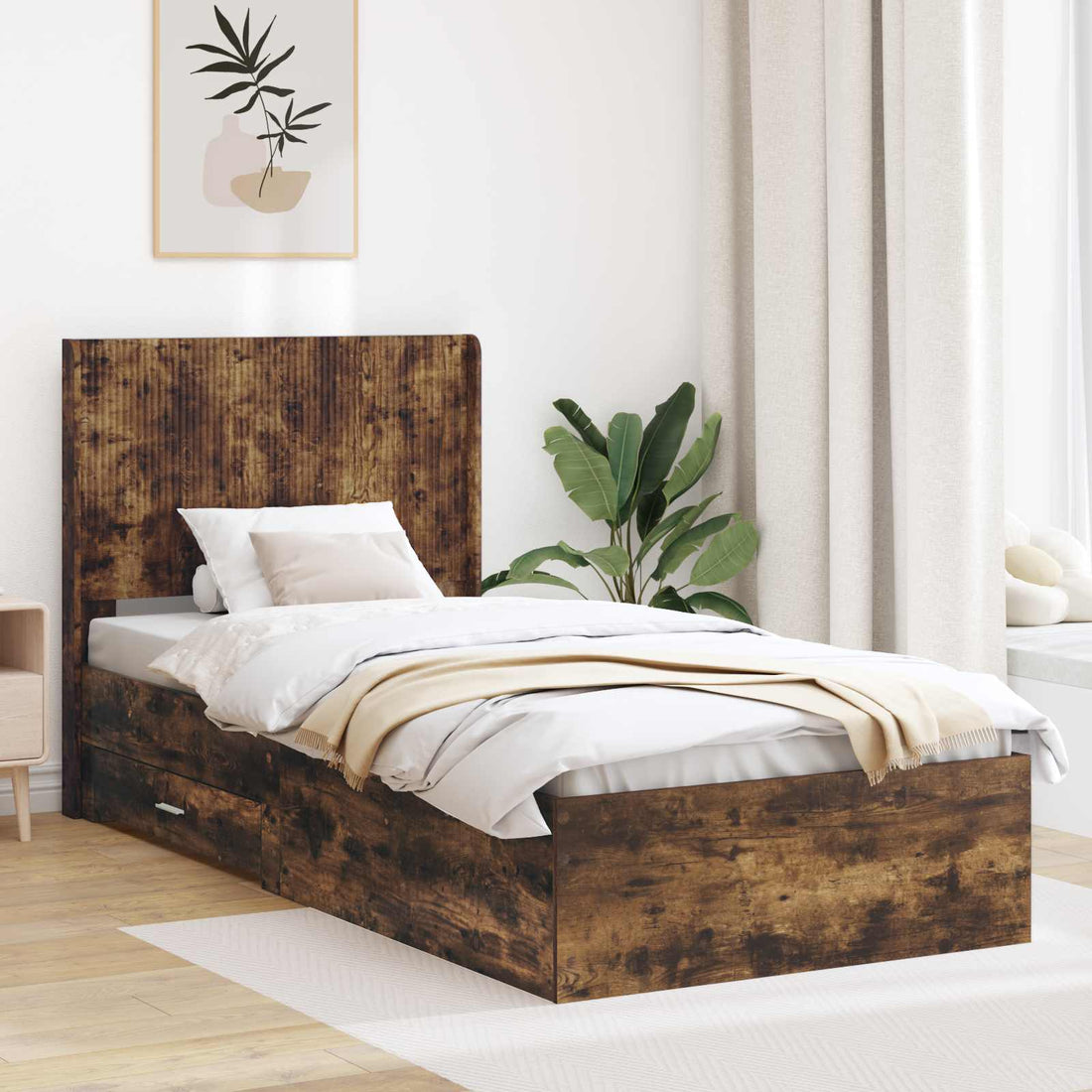 vidaXL Estructura de cama con almacenamiento y cabecero Roble Ahumado
