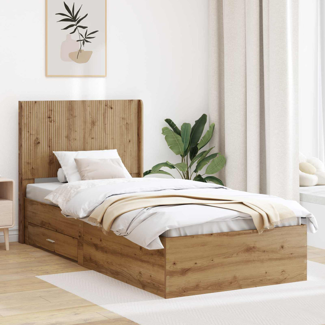 vidaXL Estructura de cama con almacenamiento y cabecero Roble artisan